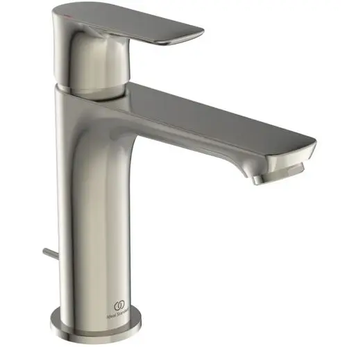Ein Edelstahl-Wasserhahn von Ideal Standard mit flacher Griffoberfläche und Auslauföffnung, geeignet für die Montage in Badezimmern.